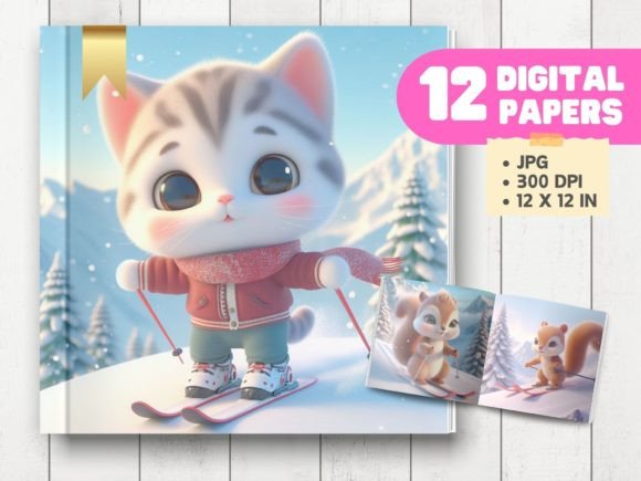 Baby Animals Skiing on a Snowy Mountain: A Whimsical Digital Paper Collection for Creative Projects