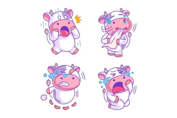 Cow Crying Cartoon Style Set