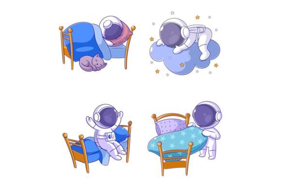 Cute Astronaut Sleeping, Cartoon Style