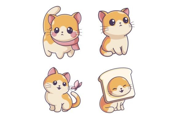 Cute Cat Alone, Cartoon Style Set