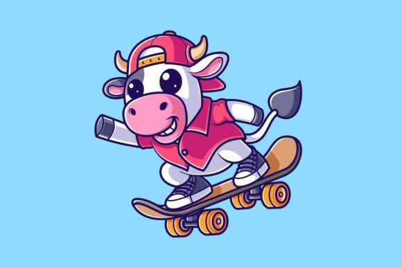 Cute Cow Playing Skateboard
