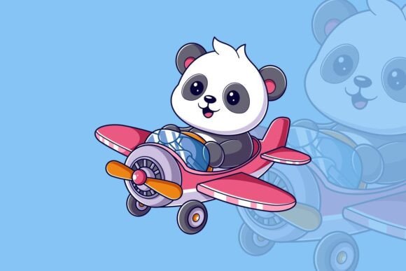 Cute Panda Driving a Red Airplane