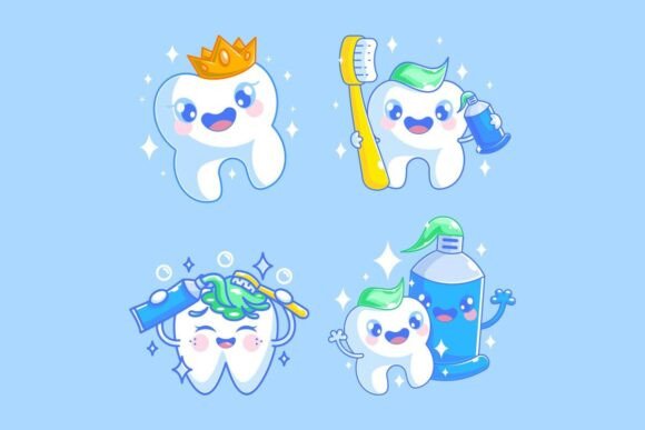 Cute Teeth Cartoon Style Set